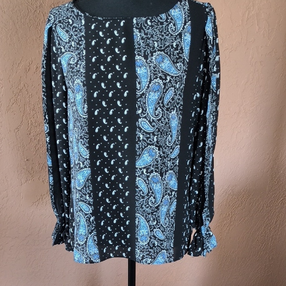 Tahari Women's Black and Blue Long Sleeve Blouse Size Medium
